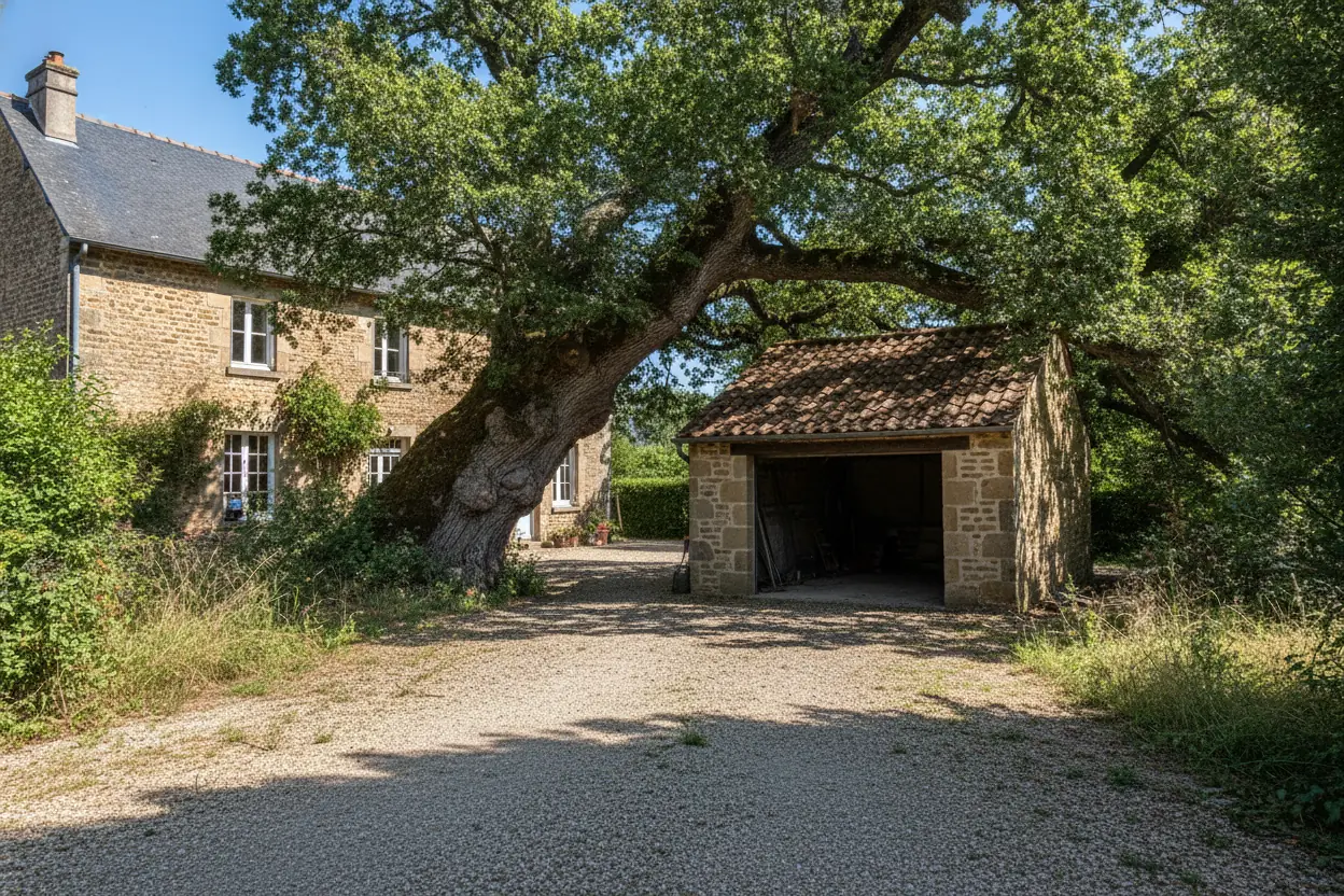 Chêne centenaire penché menaçant le garage d'une maison à Saint-Clément Mâcon