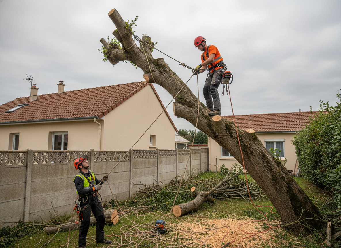 Abattage contrôlé d'un arbre dangereux dans un jardin résidentiel à Mâcon