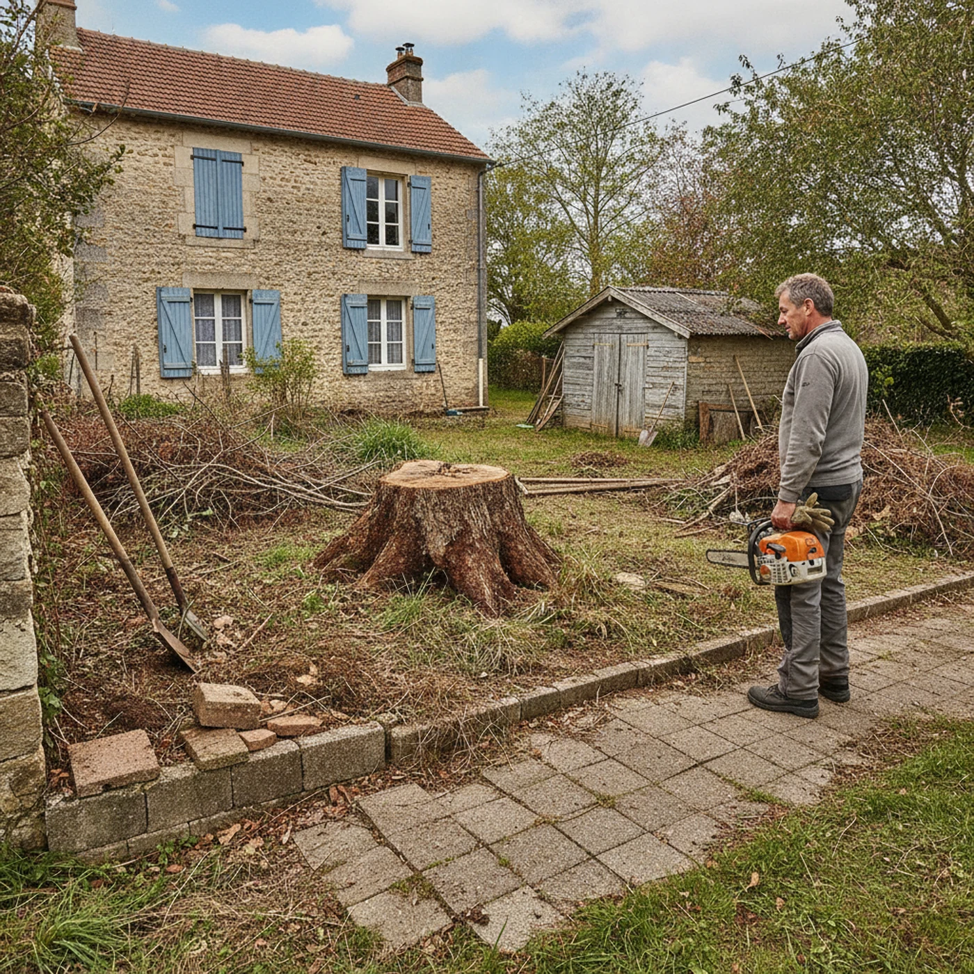 Souche gênante avant rognage dans un jardin de Bourg-en-Bresse