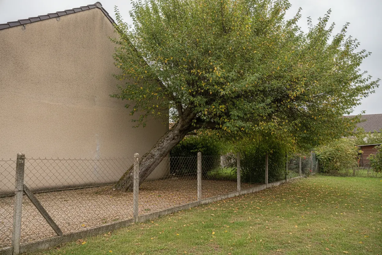 Grand arbre penché menaçant une clôture mitoyenne dans un jardin à Saint-Clément, Mâcon