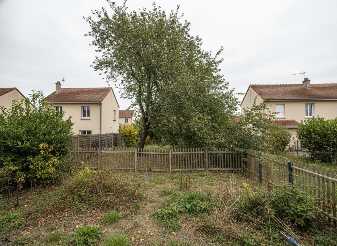 Grand arbre penché menaçant une clôture mitoyenne dans un jardin à Saint-Clément, Mâcon