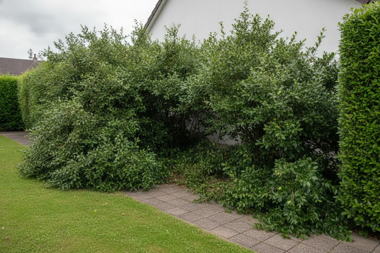 Haie de lauriers envahissante dans un jardin de Flacé avant taille