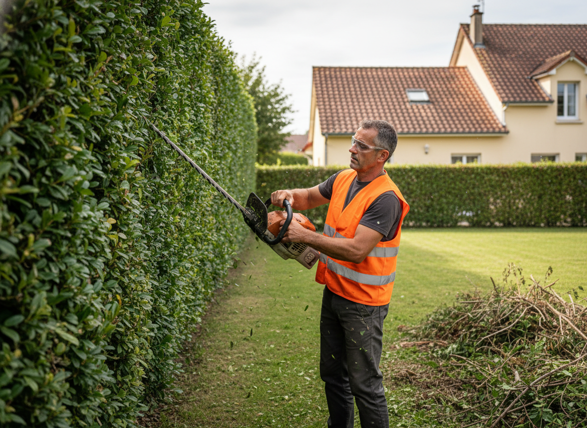 Taille de haie et débroussaillage d'un jardin résidentiel dans le Mâconnais