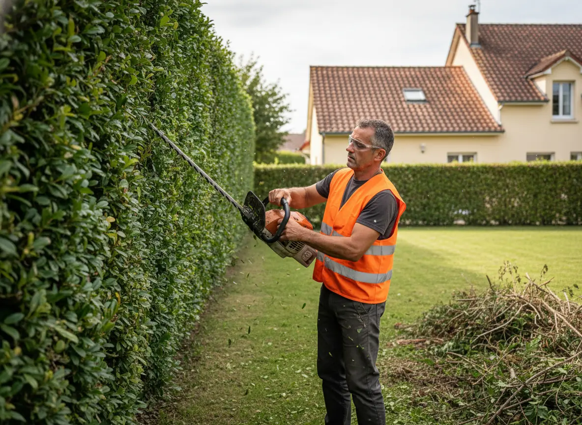 Taille de haie et débroussaillage d'un jardin résidentiel dans le Mâconnais