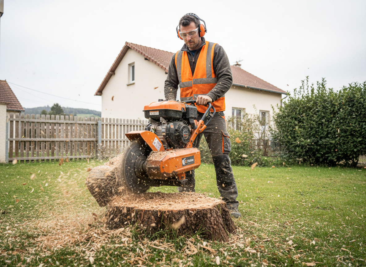 Machine de rognage de souche après abattage d'arbre dans un jardin à Mâcon