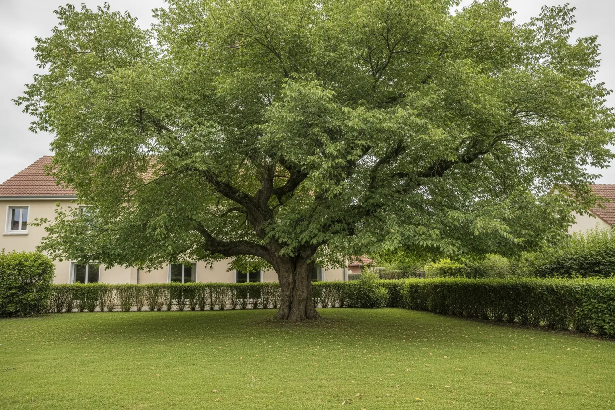 Grand tilleul non taillé avec branches enchevêtrées dans jardin de Flacé à Mâcon