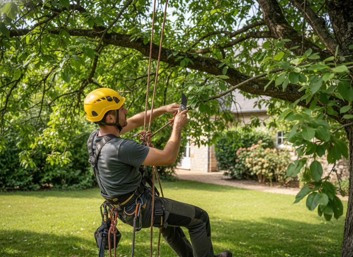 Élagueur grimpeur effectuant une taille douce sur un grand arbre à Mâcon
