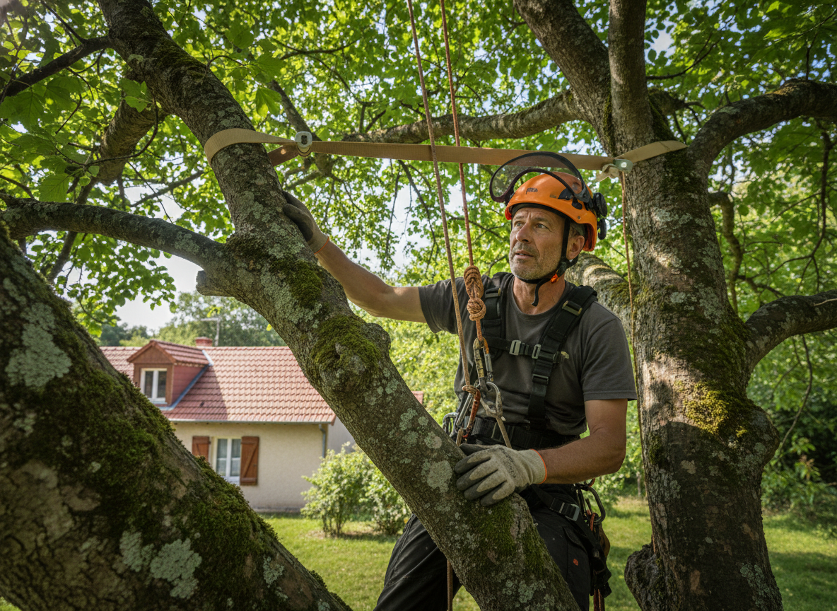 Arboriste grimpeur inspectant un arbre pour diagnostic et soins à Mâcon