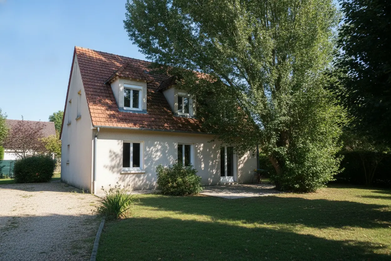 Grand peuplier penché sur une toiture dans un jardin de Charnay-lès-Mâcon avant intervention