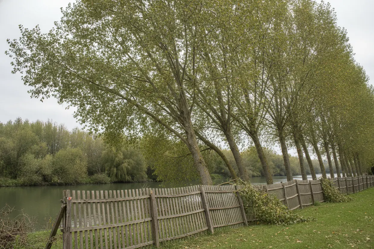 Grand peuplier penché vers une clôture à Crêches-sur-Saône avant intervention